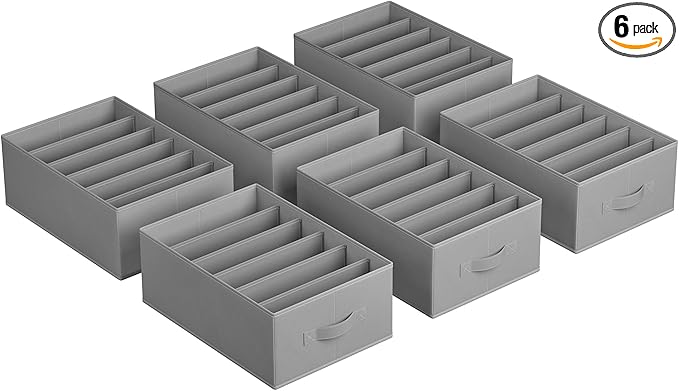 SONGMICS Set of 6 Large Size Wardrobe Clothes Organizers, 6-Compartment Foldable Drawer Organizers with Handles, 16.5 x 11.8 