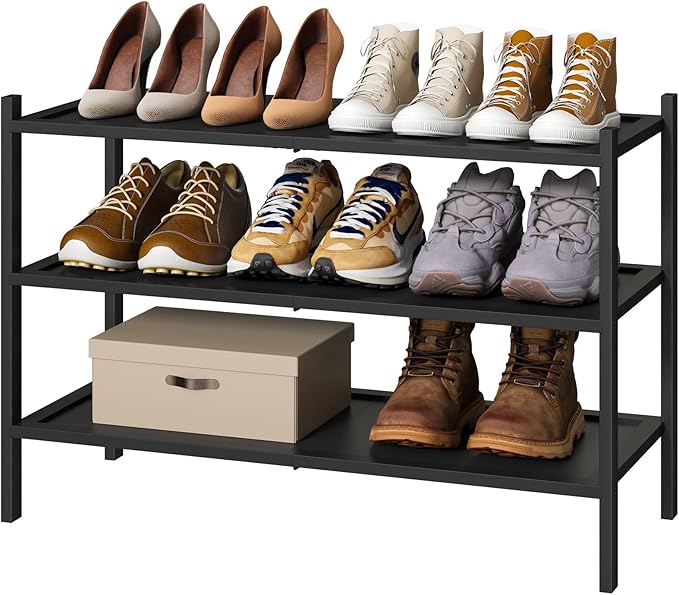 kiplant 3-Tier Black Bamboo Shoe Rack for Entryway, Stackable | Foldable | Natural, Shoe Organizer for Hallway Closet, Free S