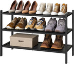 kiplant 3-Tier Black Bamboo Shoe Rack for Entryway, Stackable | Foldable | Natural, Shoe Organizer for Hallway Closet, Free S