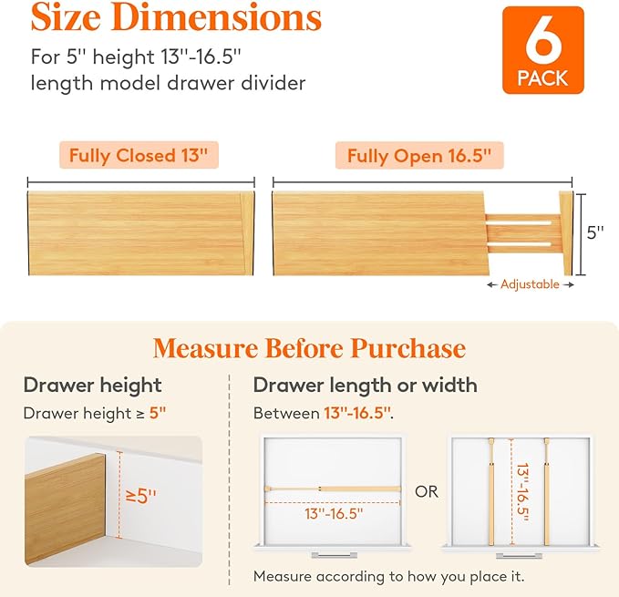 Lifewit 5" High 6 Pack Bamboo Drawer Dividers 33-42cm/13-16.5" Adjustable Wooden Drawer Organizer for Clothes/Utensils, Expan