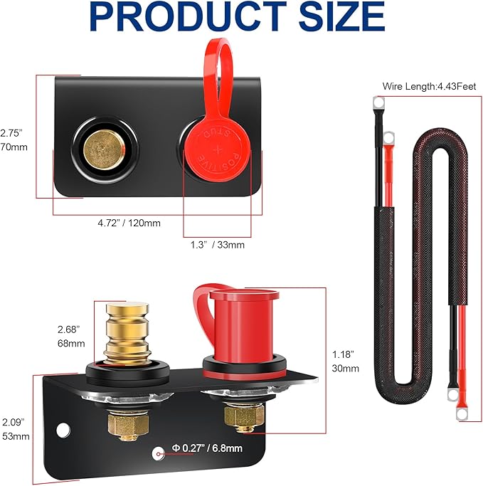 250A Remote Battery Terminals 3/8" Stud Battery Jump Post with Heavy Duty Mounting Bracket and 4AWG Cable Battery Charging Post Kit Battery Relocation Kit for UTV RV Auto Trucks Mowers Boats