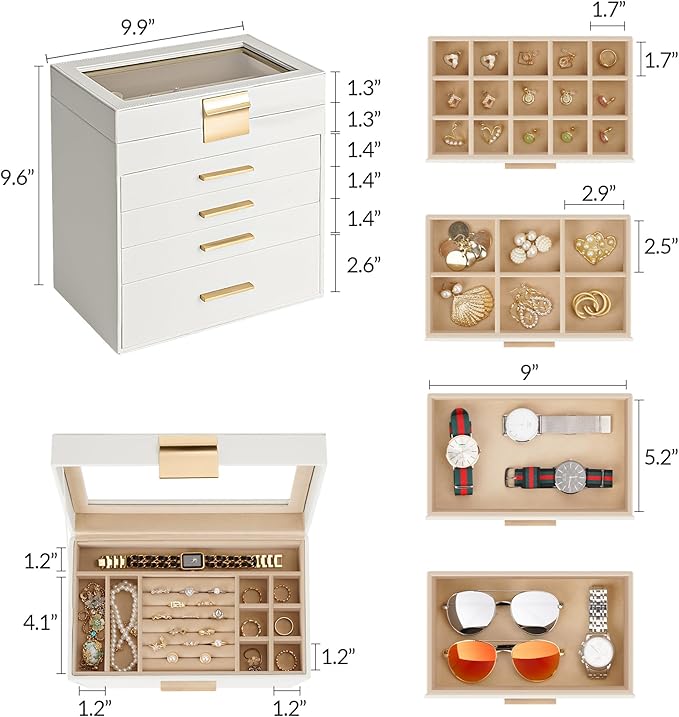 Somduy Jewelry Box, 5 Layers Jewelry Storage Display Box with Glass Lid for Women, 4 Drawers,Large Capacity for Necklace Earr