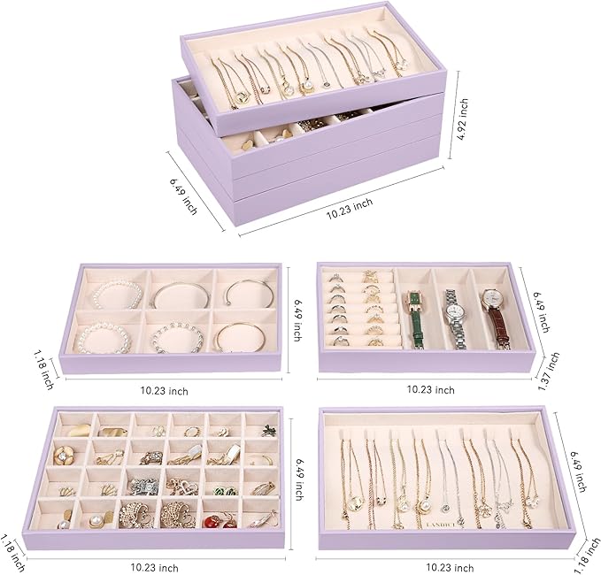 LANDICI Stackable Jewelry Organizer Trays 4 Set,PU Leather Jewelry Organizer Drawer,Jewelry Storage Display Tray for Earring 