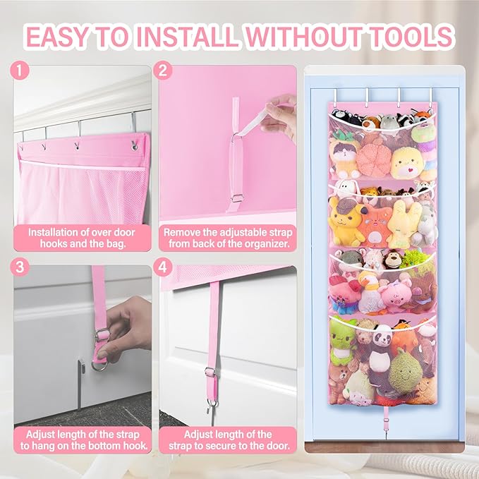 Woodoulogy Hanging Stuffed Animal Storage, Over Door Large Plush Toy Organizer with Metal Hook, Baby Accessory Holder Idea fo