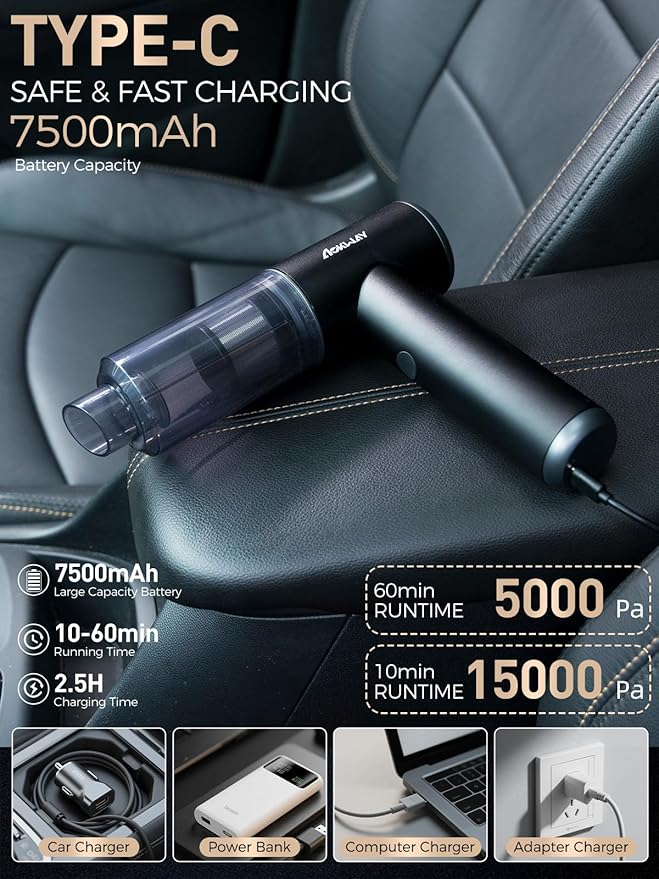 aokway Car Vacuum Portable Cordless 15000PA Powerful Suction, 7500mAh, 4-in-1, High Power Mini Vacuum Cleaner for Car, Home, 