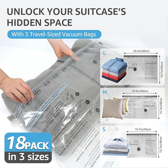 18 Packs Vacuum Bags for Travel with Rechargeable Pump, 3 Sizes Vacuum Seal Bags for Clothing, Compression Vacuum Travel Bags