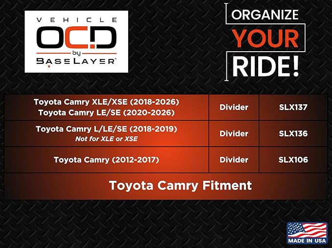 Vehicle OCD - Center Console Organizer for Toyota Camry (2012-2017) - Made in USA - SLX106
