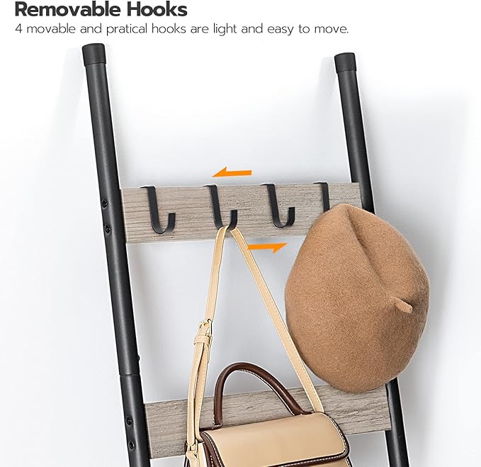 HOOBRO Blanket Ladder, 5-Tier Towel Rack with Hooks, Wall-Leaning Blanket Rack, Decorative Display Ladder Shelf, Scarves, Ind