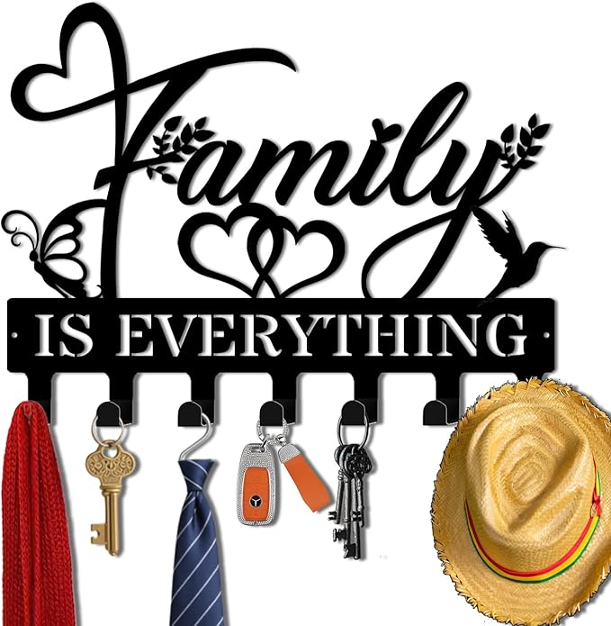 Key Holder Wall Mount, Family is Everythings Sign, Key Holder Wall for Wall Decorative with 6 Hooks, Organizer Rack Hanger fo