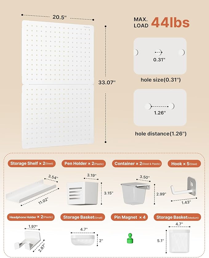 PEGZONE Pegboard Wall Organizer Combination Kit,Overall 33.1"x20.5" Metal Office Pegboard with 19 Accessories, Wall Mounted P