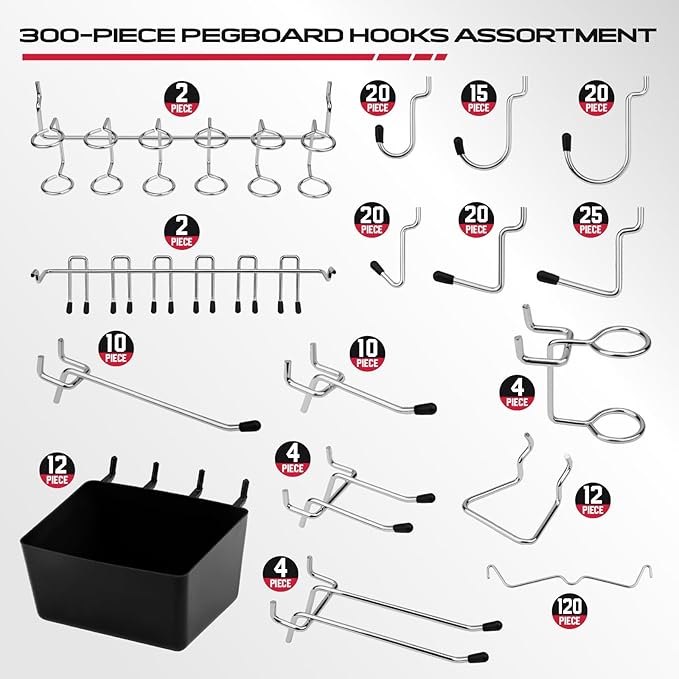 300-Piece Pegboard Hook Set, Pegboard Organizer Accessories for Hanging, Durable Metal Hooks for Tool Organization, Garage, W
