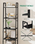 Hzuaneri Ladder Shelf, Bookshelf Bookcase, Freestanding Corner Storage Shelve with 2 Hooks for Home Office, Living Room, Kitc