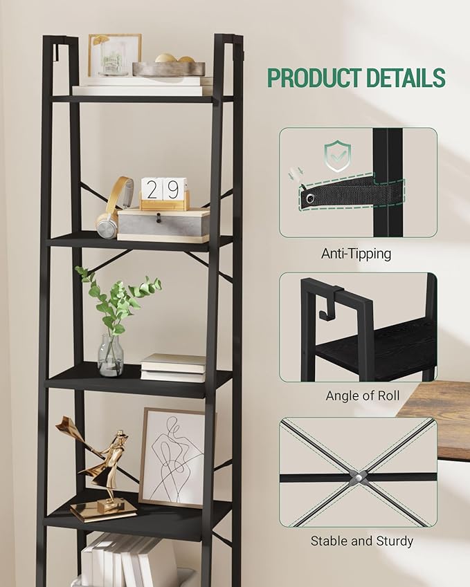 Hzuaneri Ladder Shelf, Bookshelf Bookcase, Freestanding Corner Storage Shelve with 2 Hooks for Home Office, Living Room, Kitc