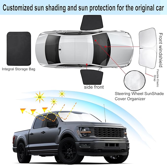 3PCS Car Window Shades Front Windshield Sun Shade Foldable Window Shade Custom Fit for 2021-2024 Fo-rd F-150 Accessories Car Shades for Front Windows Anti-UV Rays Block Heat