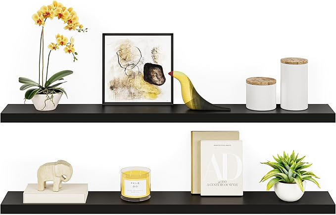 Ballucci Floating Shelves for Wall, 55 inch 2-Tier Black Shelf, Invisible Brackets, Wood Wall Shelf for Living Room, Bedroom,
