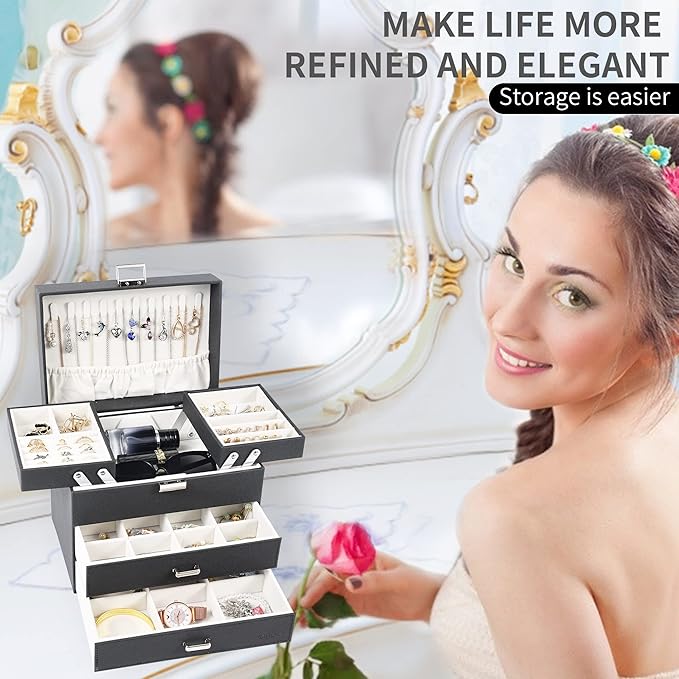 Dajasan Jewelry Organizer Box, Large Jewelry Boxes for Women Girls, Space-Saving 4 Layers Jewelry Storage Case with Drawer, M