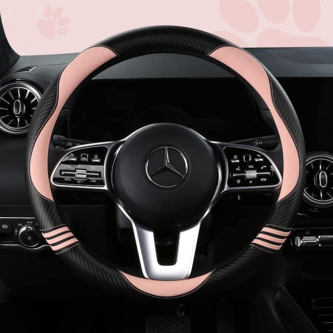 HighnessHwoo Car Steering Wheel Covers for Women Padded Carbon Fiber PU Leather Cute Auto Interior Accessories for Vehicle, S