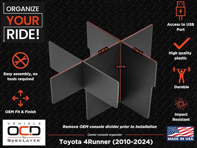 Vehicle OCD - Center Console Organizer for Toyota 4Runner (2010-2024) - Made in USA - SLX112