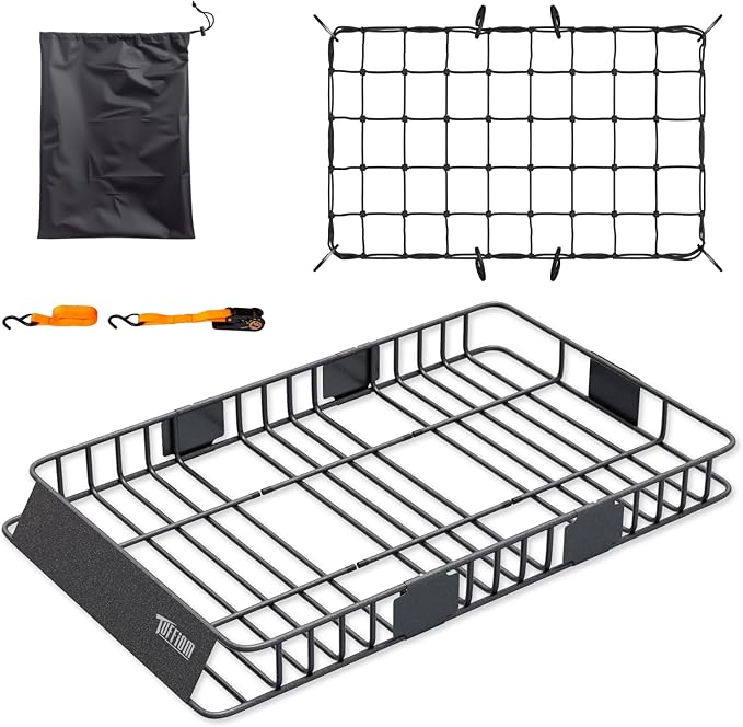 TUFFIOM 250lbs 64 x 39 x 6 inch Extendable Roof Top Cargo Carrier Basket w/Net+Storage Bag+Straps, Heavy Duty Rooftop Luggage Holder Steel Rack for SUV Car Truck Van Travel Camping