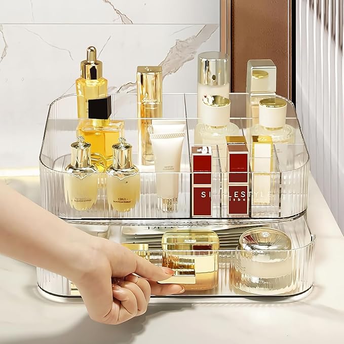 Clear Makeup Organizer for Vanity, Large Desk Organizer with Stackable Drawer for Cosmetics, Skincare, Lipsticks, Palette, Na