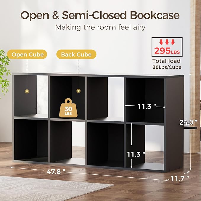 COMHOMA 8 Wood Cube Storage Organizer with Open Back and Removable Back Panels, 11In Black Cube Storage Bookshelf, Cubicle Sh