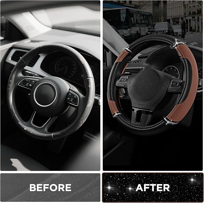 Road Comforts Leather Steering Wheel Cover - Made with PVC Leather - Anti-Slip Steering Wheel Cover Universal Fit Most 14 1/2