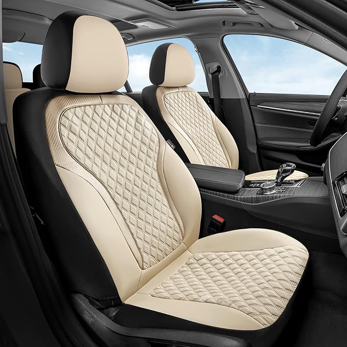 Coverado Front Seat Covers, 2-Pack Luxury Leather Car Seat Cover with Carbon Fiber Weave, Waterproof Car Seat Protectors, Spi