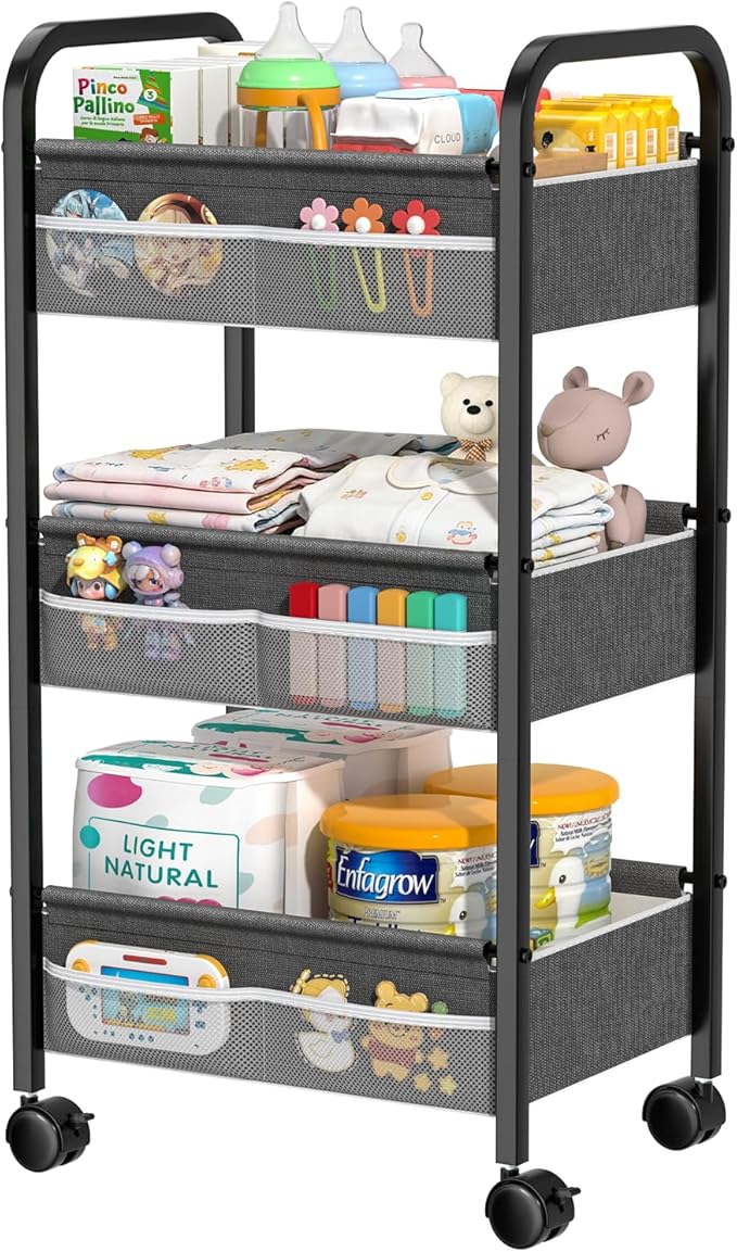 Baby Diaper Caddy Rolling Utility Cart, 3 Tier Baby Essentials Nursery Organizer and Storage with Dividers and Drawers for Cr