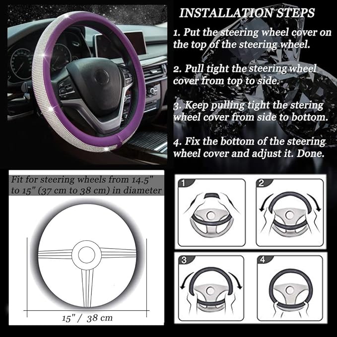 New Diamond Leather Steering Wheel Cover with Bling Bling Crystal Rhinestones, Universal Fit 15 Inch Car Wheel Protector for 
