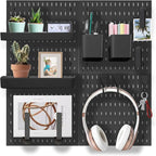 Pegboard Wall Organization Accessories Pack - 25 Pieces of White Hooks, Storage Bins & Fastening Strips(Black)