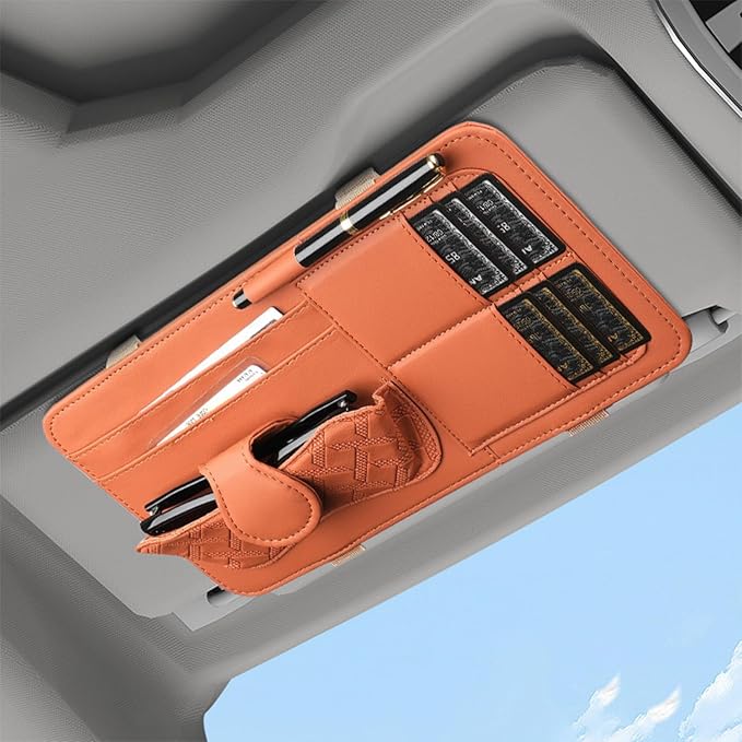 Sun Visor Organizer for Lincoln Navigator 2010-2025 Multifunctional PU Leather Organizer with Sunglasses Holder Pocket Car Interior Accessories,Brown Style