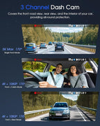 5K 3 Channel Dash Cam, 5G Wi-Fi Built-in GPS with 64GB Card, 4K+1080P+1080P Front and Rear Inside Triple Car Camera with 3'' 