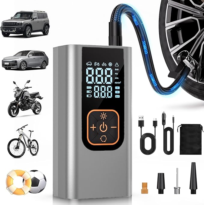 180PSI Tire Inflator Portable Air Compressor, 6X Faster Air Pump for Car Tires with Digital Pressure Gauge, 12V DC Adapter, LED Light, Portable Tire Inflator for Car, Motorcycle, Bike,Silver