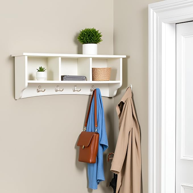 Shaker Cottage 36-Inch Wall-Mounted Coat Rack with 3 Open Shelves – Transitional Entryway Organizer, Mudroom Storage Shelf wi