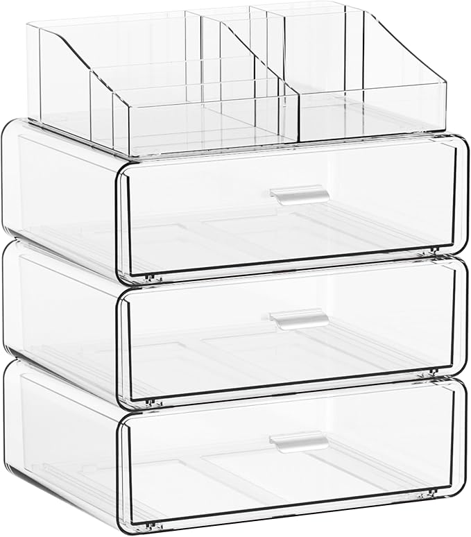 Yieach 4 Tier Clear Acrylic Makeup Organizers with Drawers,Tiered Countertop Make up Storage Organizer for Dresser Top and Ba