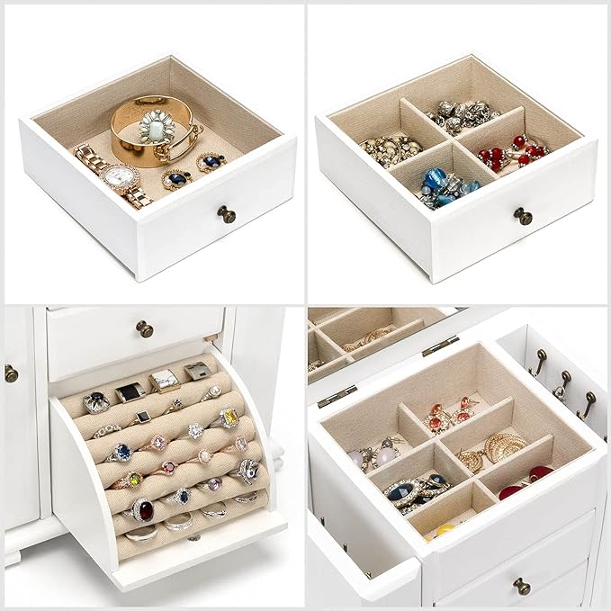 Emfogo Jewelry Box for Women, Rustic Wooden Jewelry Boxes & Organizers with Mirror, 4 Layer Jewelry Organizer Box Display for