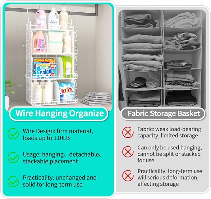 HapiRm Hanging Closet Organizer Storage - 3 Tier Metal Stackable Hanging Closet Shelves with Dividers and S Hooks, Foldable C