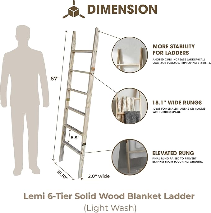 Blanket Ladder for Living Room 6-Tier, Wooden Decorative Quilt Holder for Bed Room, Wall-Leaning Towel Rack for Bathroom, Dec