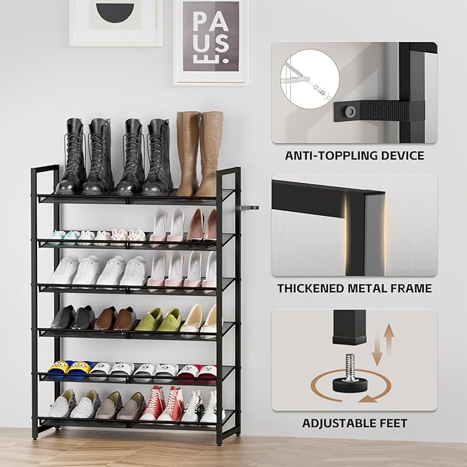 Shoe Rack, 6-Tier Metal Shoe Organizer, Tall Shoe Rack for Closet,entryway,Garage, with Adjustable Flat or Angled Shelves, Ho