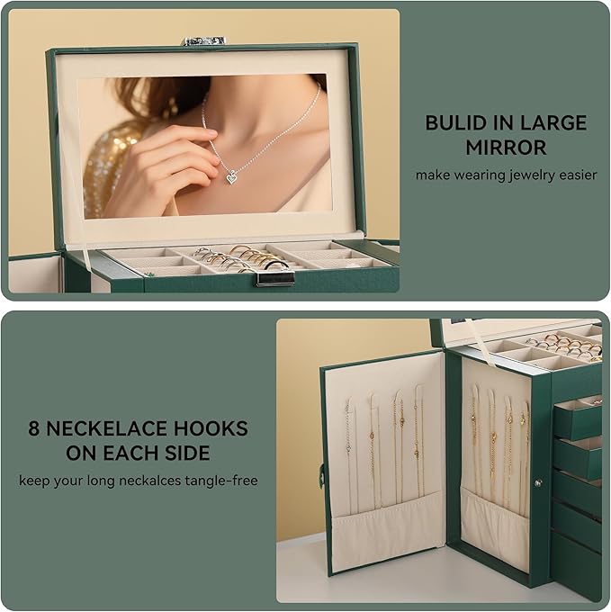 Frebeauty Large Jewelry Box,6-Tier PU Leather Jewelry Organizer,Multi-functional Storage Case with Mirror,Accessories Holder 