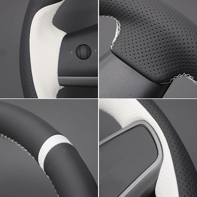 MEWANT Hand Stitched White Leather Tesla Model 3 Steering Wheel Cover for Tesla Model 3 2017-2023 / Model Y 2020-2023 for Tesla Model 3/Y Accessories