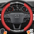 Customized Steering Wheel Cover Compatible with Mazda, Premium Nappa Leather&Bright Carbon Fiber Texture Steering Wheel Cover, with Coasters and 3-in-1 USB Fast Charging Cable (Red)