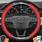 Customized Steering Wheel Cover Compatible with Mazda, Premium Nappa Leather&Bright Carbon Fiber Texture Steering Wheel Cover, with Coasters and 3-in-1 USB Fast Charging Cable (Red)