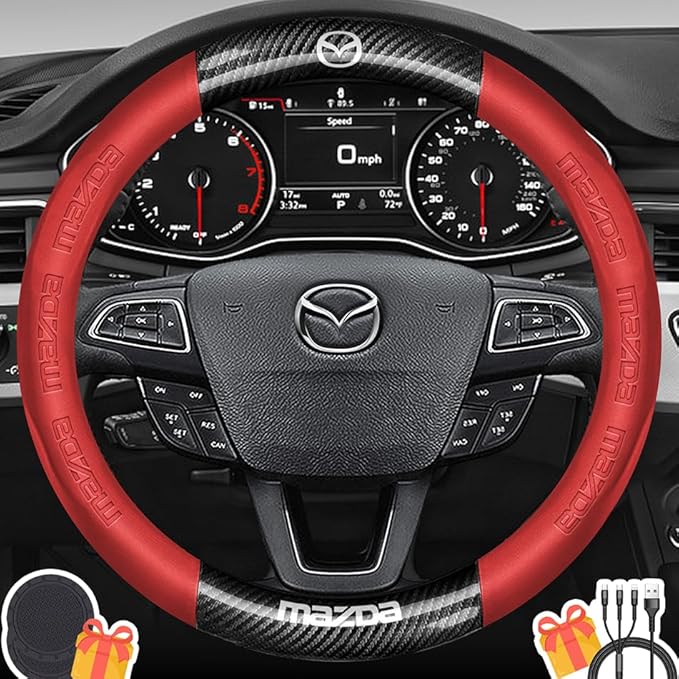 Customized Steering Wheel Cover Compatible with Mazda, Premium Nappa Leather&Bright Carbon Fiber Texture Steering Wheel Cover, with Coasters and 3-in-1 USB Fast Charging Cable (Red)