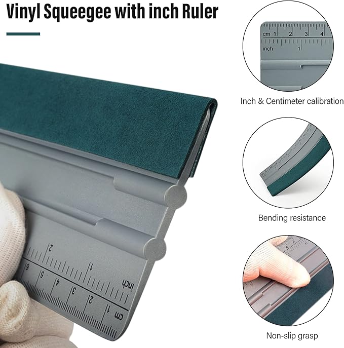 FOSHIO 8 Inch Felt Squeegee for Vinyl wtih Ruler 20CM 4 Round Corners Universal Card, Window Tint Film Installing Hard Silver PP Car Vinyl Wrap Scraper Tool