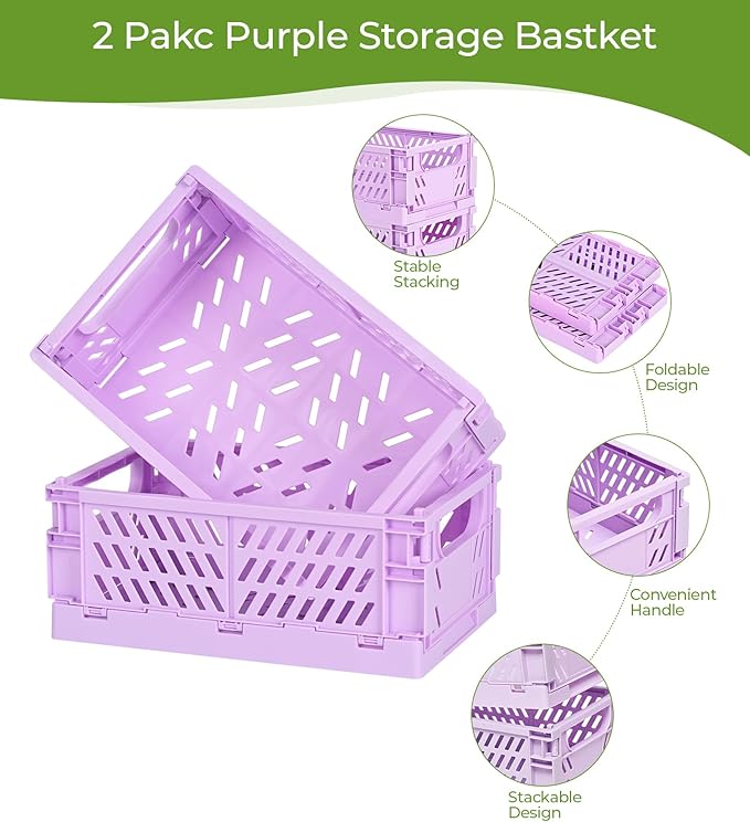 HUUSMOT 2-Pack Small Pastel Plastic Storage Baskets, Collapsible Crates for Organizing, Space-Saving Mini Bins for Classroom,