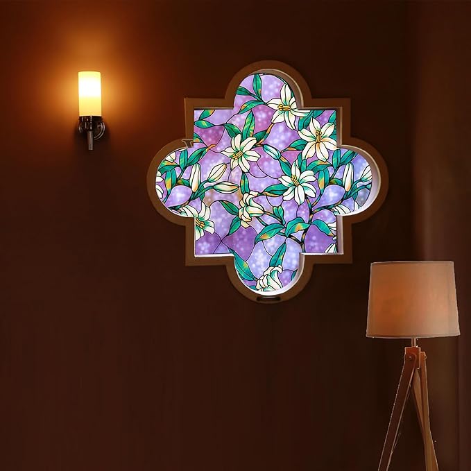 Coavas Decorative Window Privacy Film, Heat Control Sun Blocking Stained Glass Window Film, Floral Design Static Cling, Non Adhesive Windows Tint for Bathroom Front Door(Vinyl, 29.5" x 78.7 ")