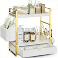 2-Tier Bathroom Counter Organizer with Drawer and Basket, Wood Countertop Organizer for Storage, Skincare Organizers for Vani
