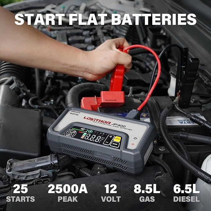 LOKITHOR JP400 Jump Starter with Air Compressor, 2500A 12V Portable Car Battery Booster Pack (8.5L Gas/6.5L Diesel) with