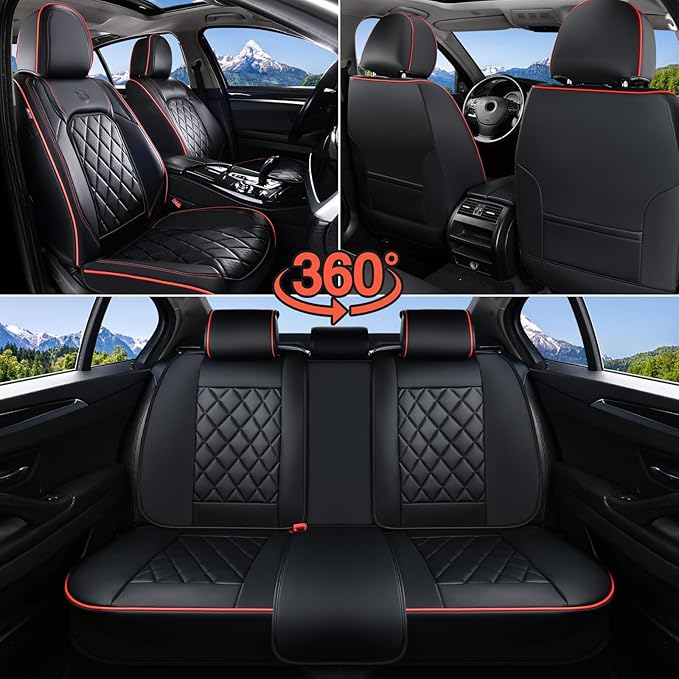 Coverado Car Seat Covers Full Set, Luxury Faux Leather Waterproof Seat Covers, Black Car Seat Covers, Universal Car Seat Prot